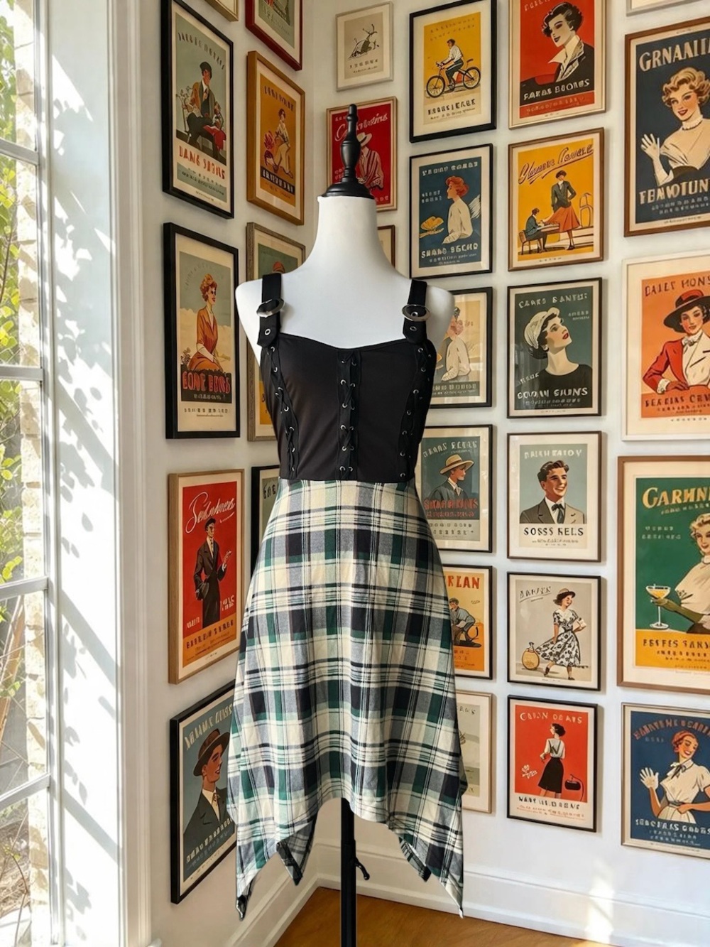 Black Lace-Up Corset Top & Green Plaid Asymmetrical Hem Midi Skirt Dress Size S